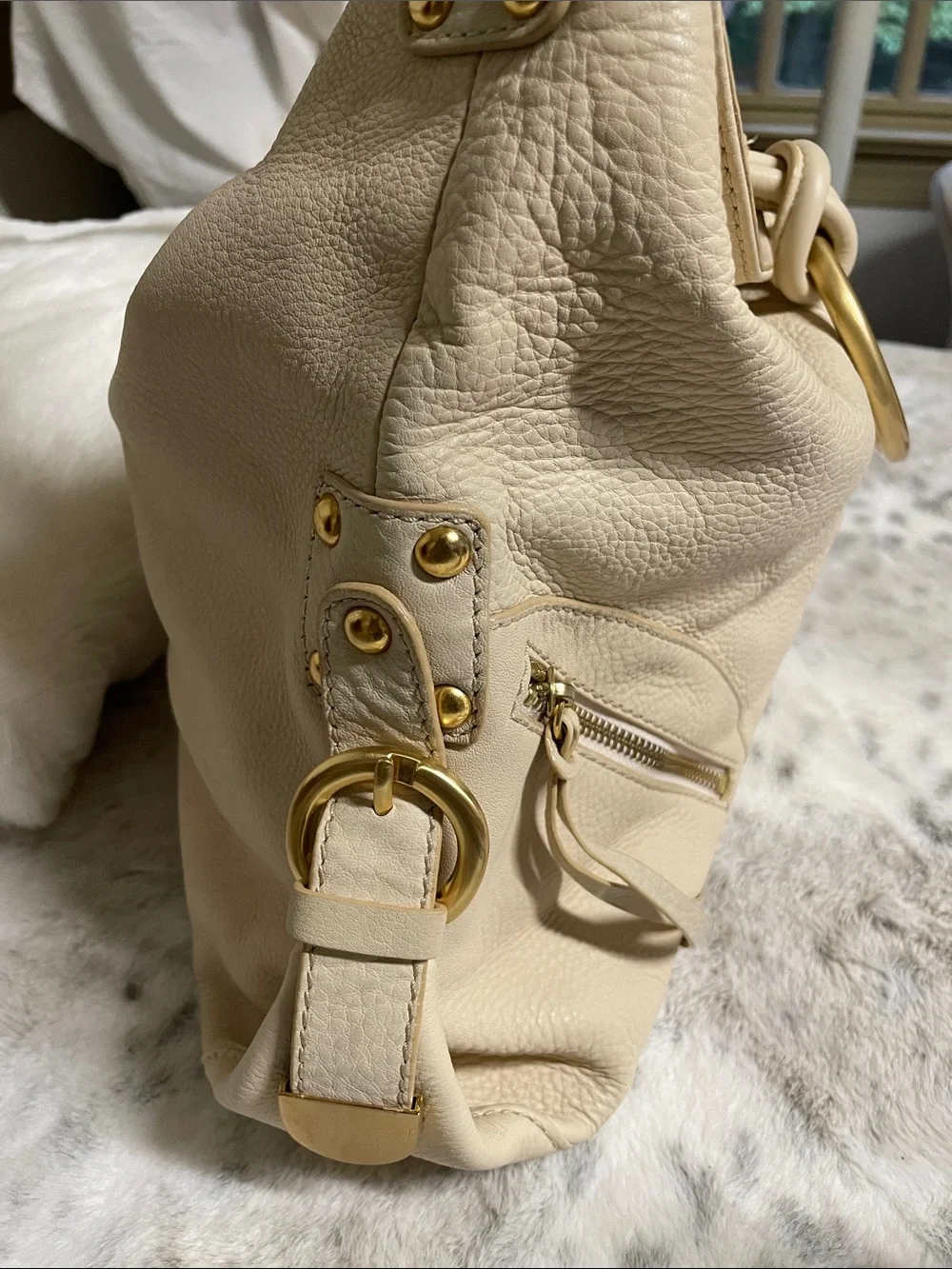 C. Luce Cream Leather Hobo with Gold Ring Hardware